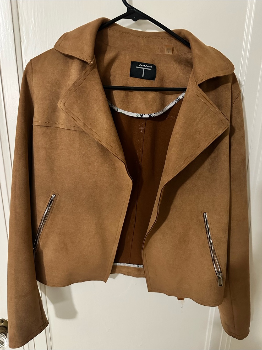 Tahari Camel Faux Suede Moto Jacket